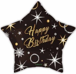 Star-shaped birthday balloon with black, gold, and silver design for celebrations.