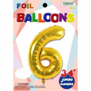 Gold foil number 6 balloon for celebrations and parties.