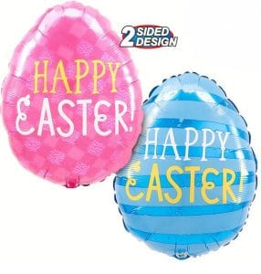 Colorful Easter foil balloons with Happy Easter message, pink and blue, 2-sided design.