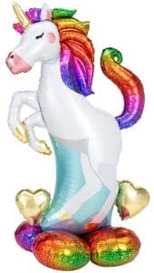 Rainbow unicorn foil balloon with rainbow mane and tail, perfect for celebrations.