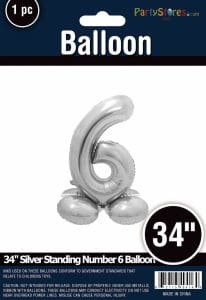 Silver 34-inch standing number 6 balloon for celebrations and parties.