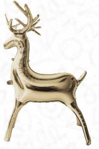 Gold reindeer foil balloon for festive celebrations and parties.