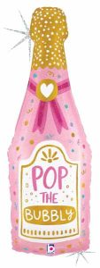 Pink champagne bottle foil balloon with gold and pink design for celebrations.