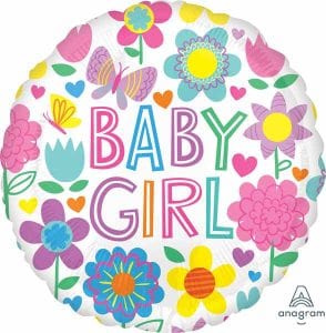 Colorful baby girl floral balloon with butterflies and hearts for birthday decor.