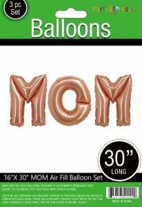 Rose gold foil balloons spelling MOM for party decor.