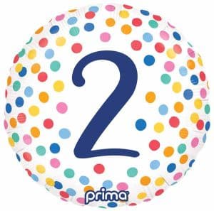 Number 2 foil balloon with colorful confetti design for birthday celebration.
