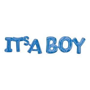 Blue balloon letters spelling 'IT'S A BOY' for baby shower decor.