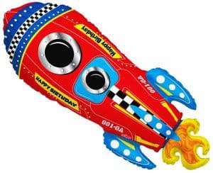 Vibrant rocket-shaped foil balloon for space-themed celebrations.
