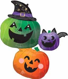 Halloween pumpkin balloons with witch hat and bat design for spooky decor.