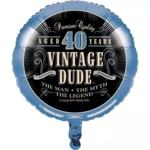 40th birthday foil balloon with vintage design and bold text.
