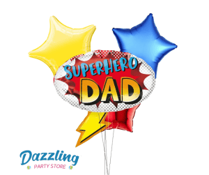 Colorful superhero-themed balloon bouquet for Father's Day celebration.