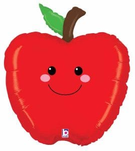 Kawaii apple-shaped foil balloon with smiling face and green leaf.