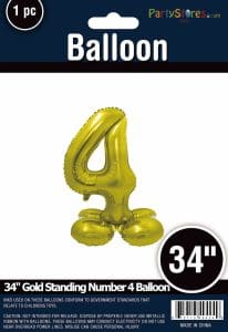 Gold 34-inch number 4 balloon for celebrations and parties.