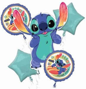 Lilo & Stitch themed balloon bouquet with star-shaped balloons and character images.