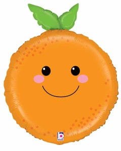 Smiling orange balloon with green leaves, perfect for party decorations.