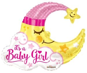 Baby girl moon foil balloon with stars and pink hat for gender reveal.