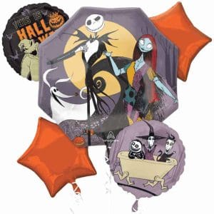 Halloween themed balloon bouquet featuring Jack Skellington and Sally from The Nightmare Before Xmas.