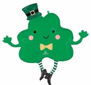 Cute shamrock-shaped foil balloon with hat, bowtie, and striped legs for St. Patrick's Day.