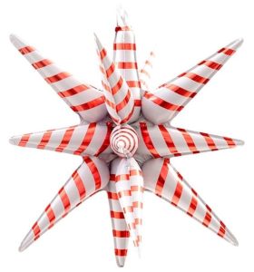 Colorful starburst balloon with red and white stripes for festive celebrations.