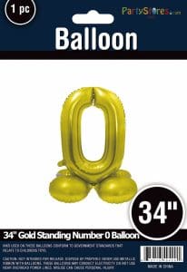 Gold 34-inch standing number 0 balloon for celebrations and parties.