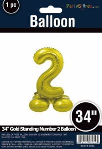 Gold 34-inch number 2 balloon for celebrations and parties.