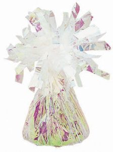 Iridescent foil balloon weight with reflective surface for party decor.