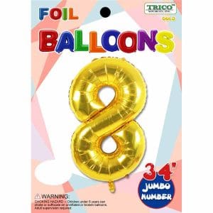 Gold foil number 8 balloon for celebrations and parties.