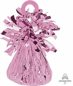 Pink balloon weight with metallic fringe for party decorations.