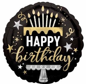 Black round birthday balloon with candles and 'Happy Birthday' text.