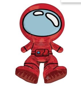 Among Us space character foil balloon with reflective helmet and red spacesuit.