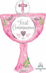 Pink First Communion balloon with cross and floral design, 31-inch size.