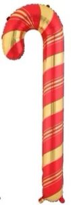 Red and gold striped candy cane foil balloon for holiday celebrations.