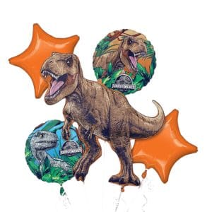 Dinosaur-themed foil balloons for Jurassic World party decor.