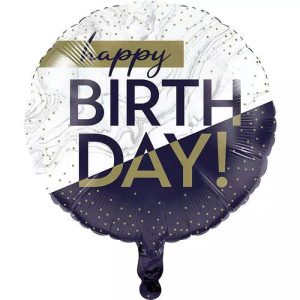 Round birthday balloon with 'Happy Birthday' message in navy and gold colors.