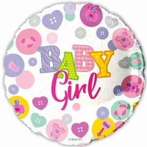 Pink and purple baby girl themed foil balloon with colorful hearts and baby accessories.