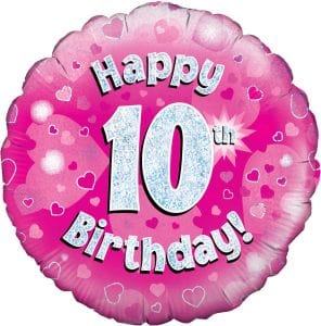 Pink 10th birthday balloon with hearts and sparkles for celebration.