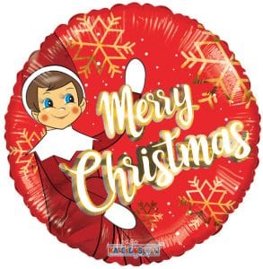 Red Christmas balloon with snowflakes and elf character, Merry Christmas message.