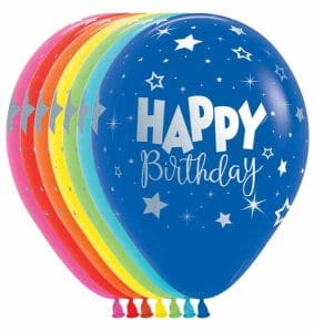 Blue birthday balloon with stars and 'Happy Birthday' message.