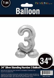 Silver 34-inch standing number 3 balloon for celebrations and parties.