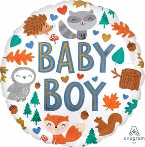 Woodland themed baby boy foil balloon with animals and trees.