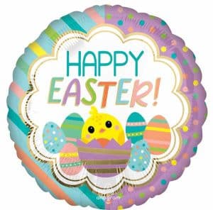 Colorful Easter chick with eggs foil balloon for spring festivities.