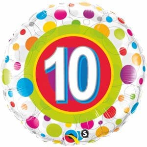 Bright 10th birthday balloon with colorful polka dots and number 10 in the center.