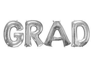 Silver graduation letter balloons spelling G-R-A-D for celebration.