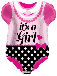 Pink baby girl themed foil balloon with polka dots and heart design.