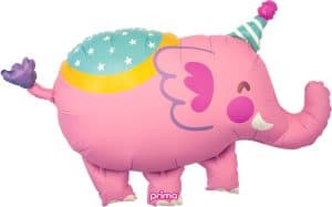 Pink elephant foil balloon with party hat for celebrations.
