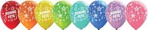 Assorted colorful printed latex balloons for parties and celebrations.