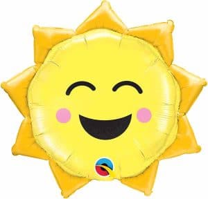 Yellow sun-shaped foil balloon with a smiling face and pink cheeks.