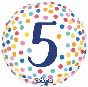 Colorful confetti decorated foil balloon with number 5 for celebrations.