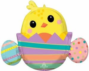 Colorful Easter chick foil balloon with striped eggs design for celebrations.