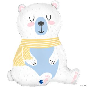 Cute polar bear foil balloon with a yellow scarf and pink cheeks.